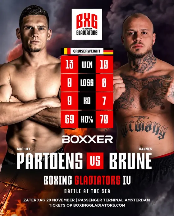 Offizielles Plakat Boxing Gladiators IV: Partoens vs. Brune mit Kampfbilanz beider Boxer